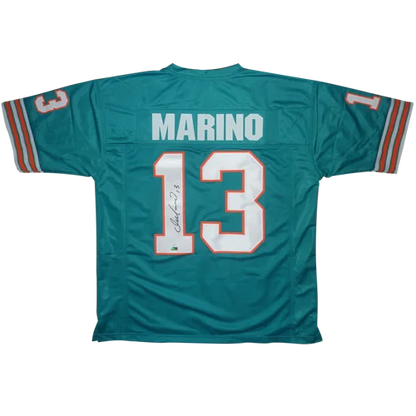 Back view of teal miami dolphins autographed custom jersey featuring dan marino 13 in white and orange trim