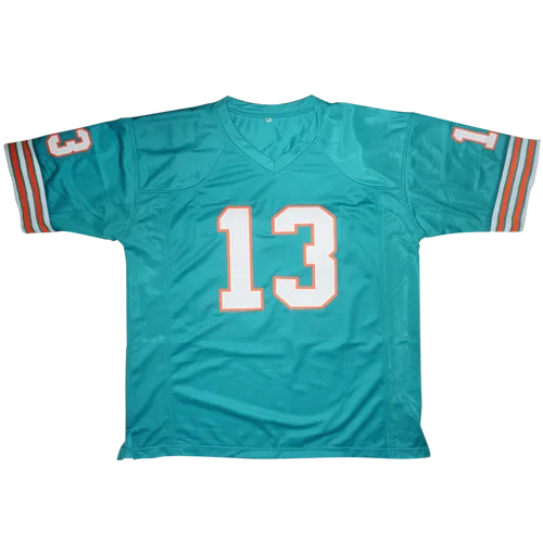 Dan marino autographed miami dolphins custom jersey teal with white and orange numerals and striped sleeves