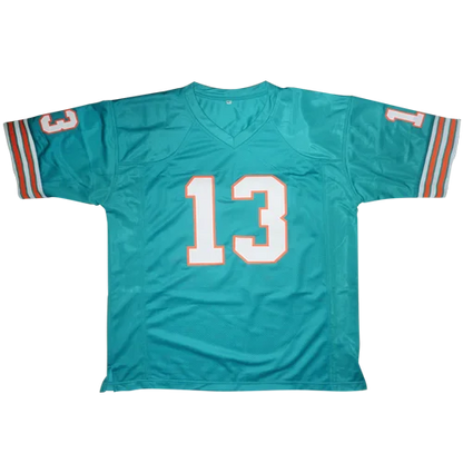 Dan marino autographed miami dolphins custom jersey teal with white and orange numerals and striped sleeves