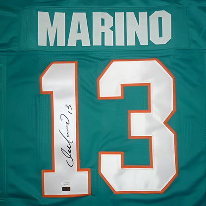 Back of teal miami dolphins autographed custom jersey featuring dan marino name number 13 and signature jsa