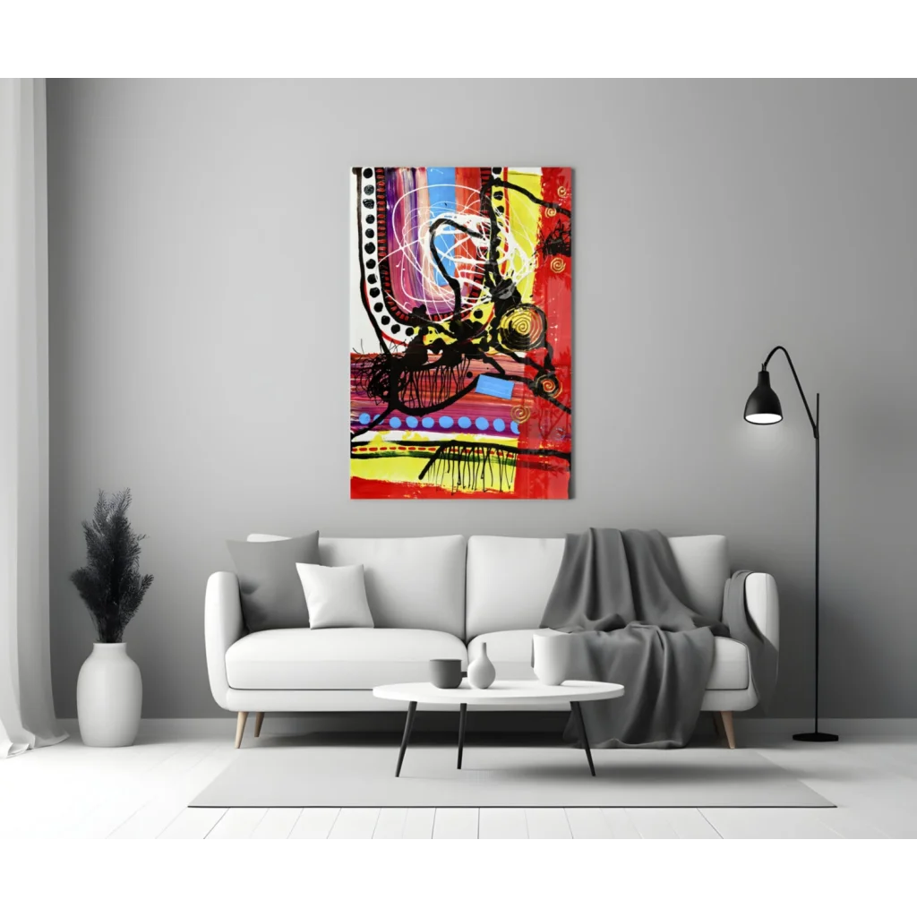 Vibrant bold abstract canvas wall art with red yellow black swirls