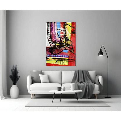 Vibrant bold abstract canvas wall art with red yellow black swirls