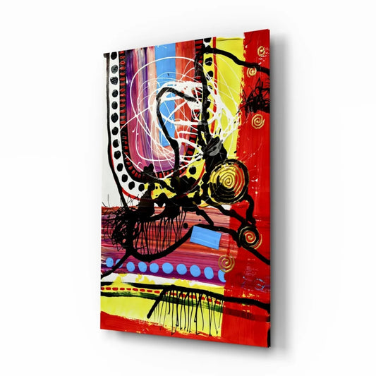 Vibrant bold abstract canvas wall art with red yellow blue stripes black swirls gold spirals