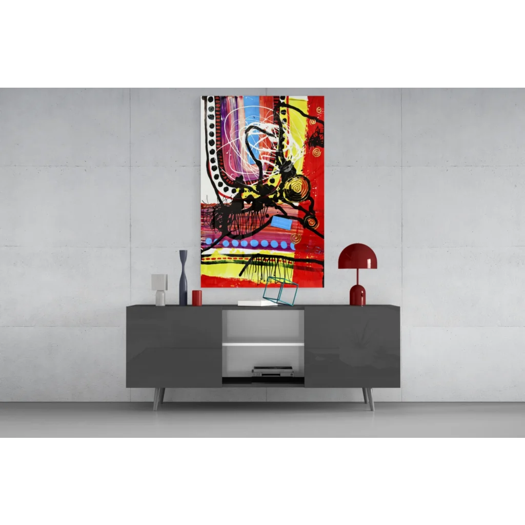 Vibrant bold abstract wall art canvas with red yellow black swirls
