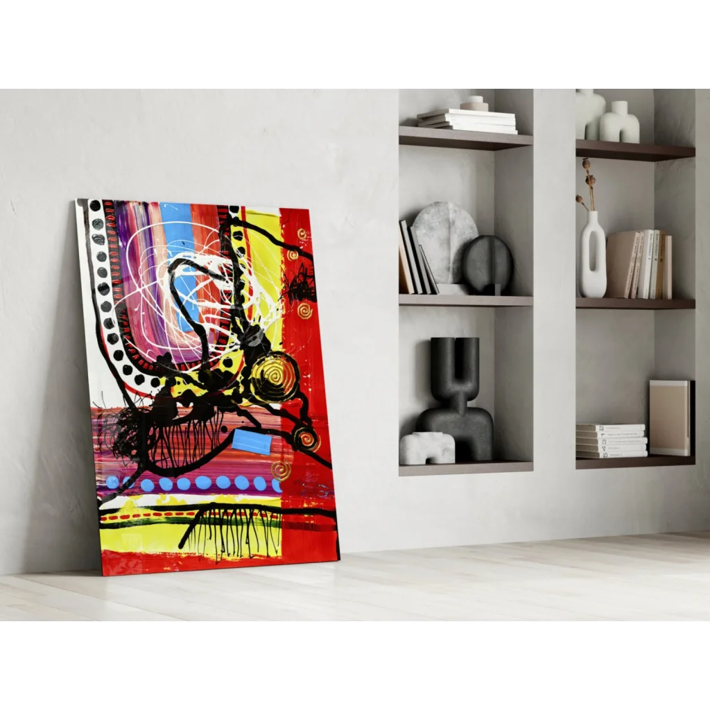 Vibrant abstract wall art canvas with bold red yellow black swirls