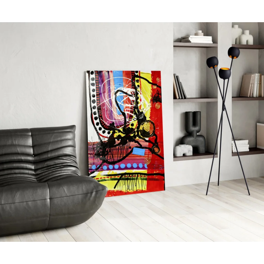 Bold abstract canvas wall art with red yellow black swirls