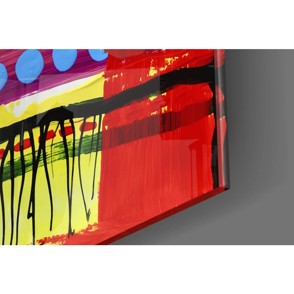 Vibrant bold abstract wall art canvas with red yellow black swirls and blue accents