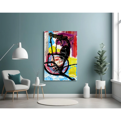 Vibrant abstract glass wall art with black silhouettes on swirling red, yellow, blue