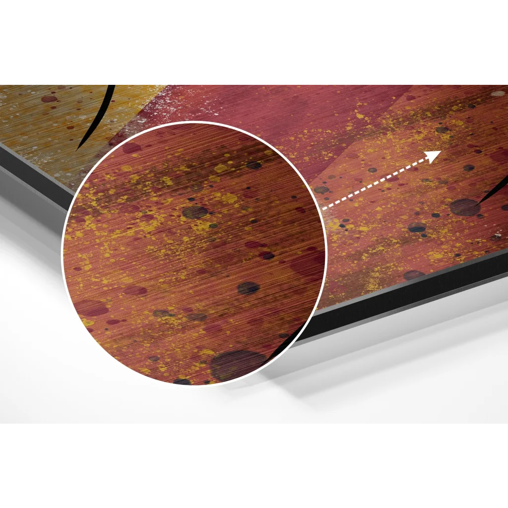 Vibrant abstract art on brushed aluminium dibond with wood-grain texture and red yellow splatters