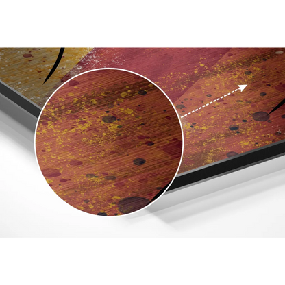 Vibrant abstract art on brushed aluminium dibond with wood-grain texture and red yellow splatters