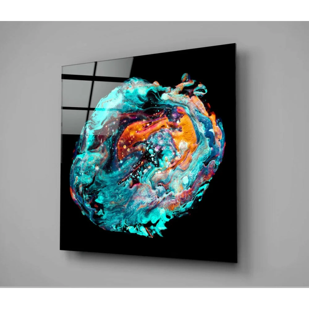 Vibrant swirling teal orange glass wall art with glossy black finish