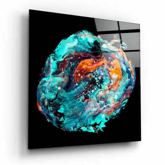 Swirling teal orange glass wall art on glossy black panel
