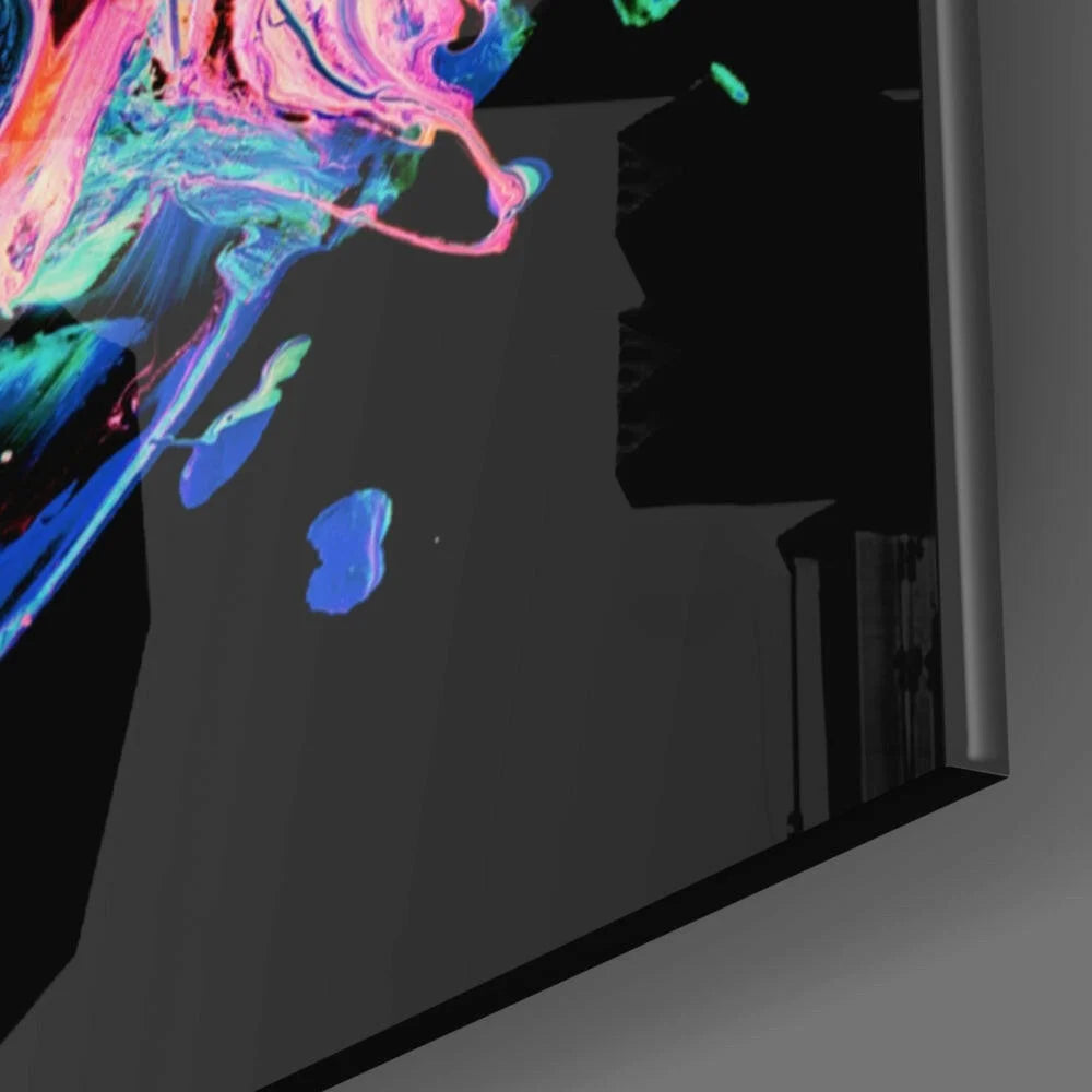 Vibrant neon swirl abstract glass wall art panel in pink, blue, green