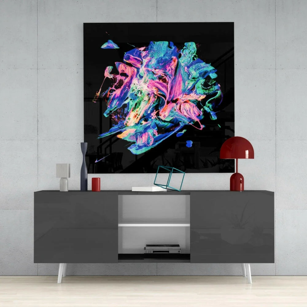 Vibrant neon swirl abstract glass wall art panel in blues, pinks, greens