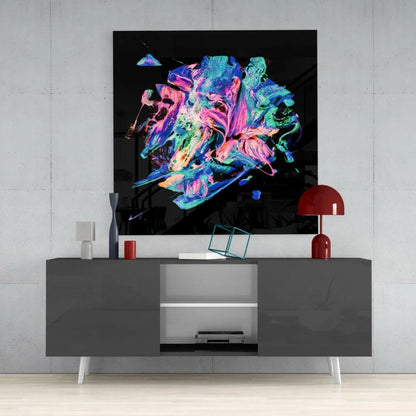 Vibrant neon swirl abstract glass wall art panel in blues, pinks, greens