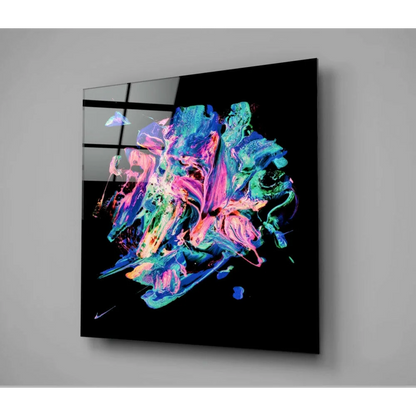 Vibrant neon swirl abstract glass wall art panel in pink, blue, teal