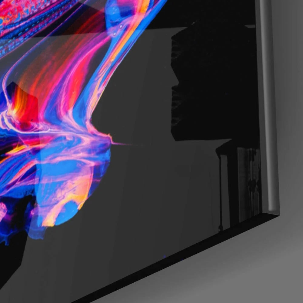 Vibrant neon swirl glass wall art in blue, pink, orange hues