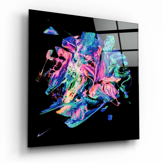 Neon Swirl abstract glass wall art panel in vibrant blue, pink, green swirls on black