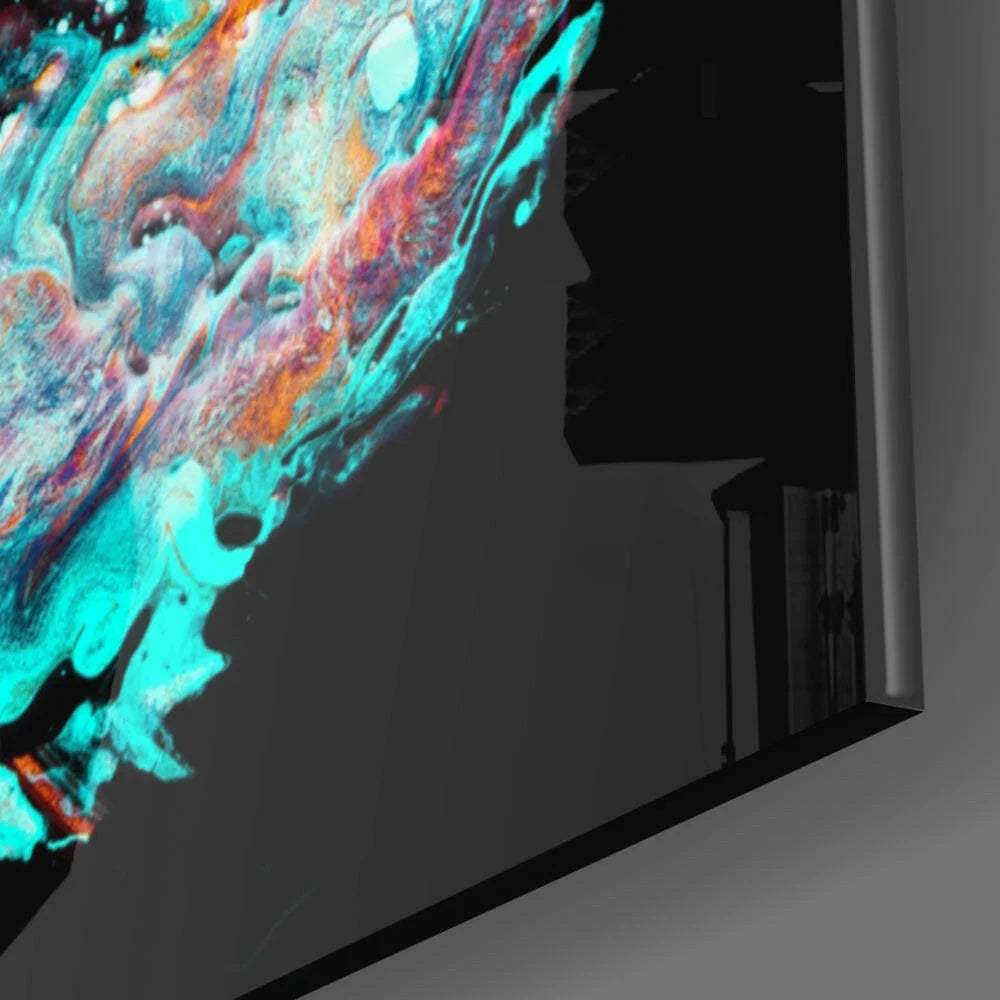 Swirling teal orange glass wall art with vibrant hues and glossy finish