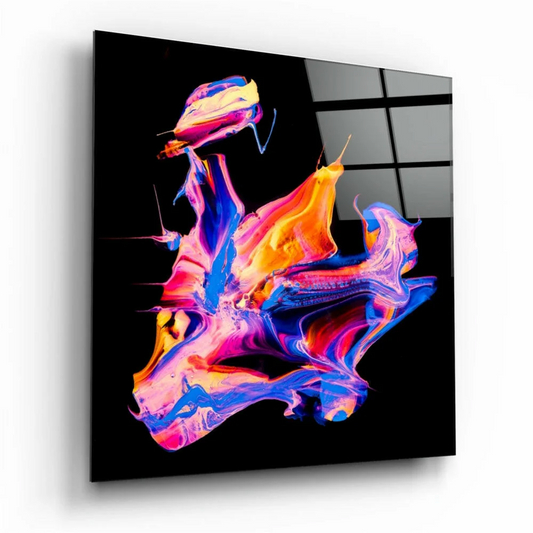 Vibrant abstract liquid paint on glossy black glass wall art panel