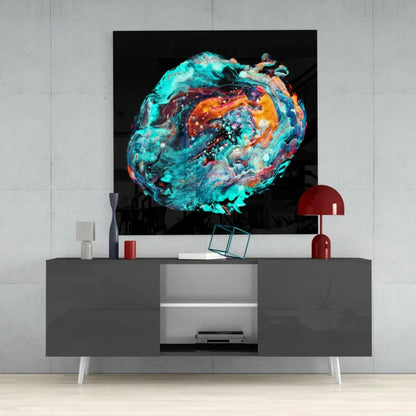 Swirling teal orange glass wall art with vibrant turquoise, orange, purple hues on black glossy finish