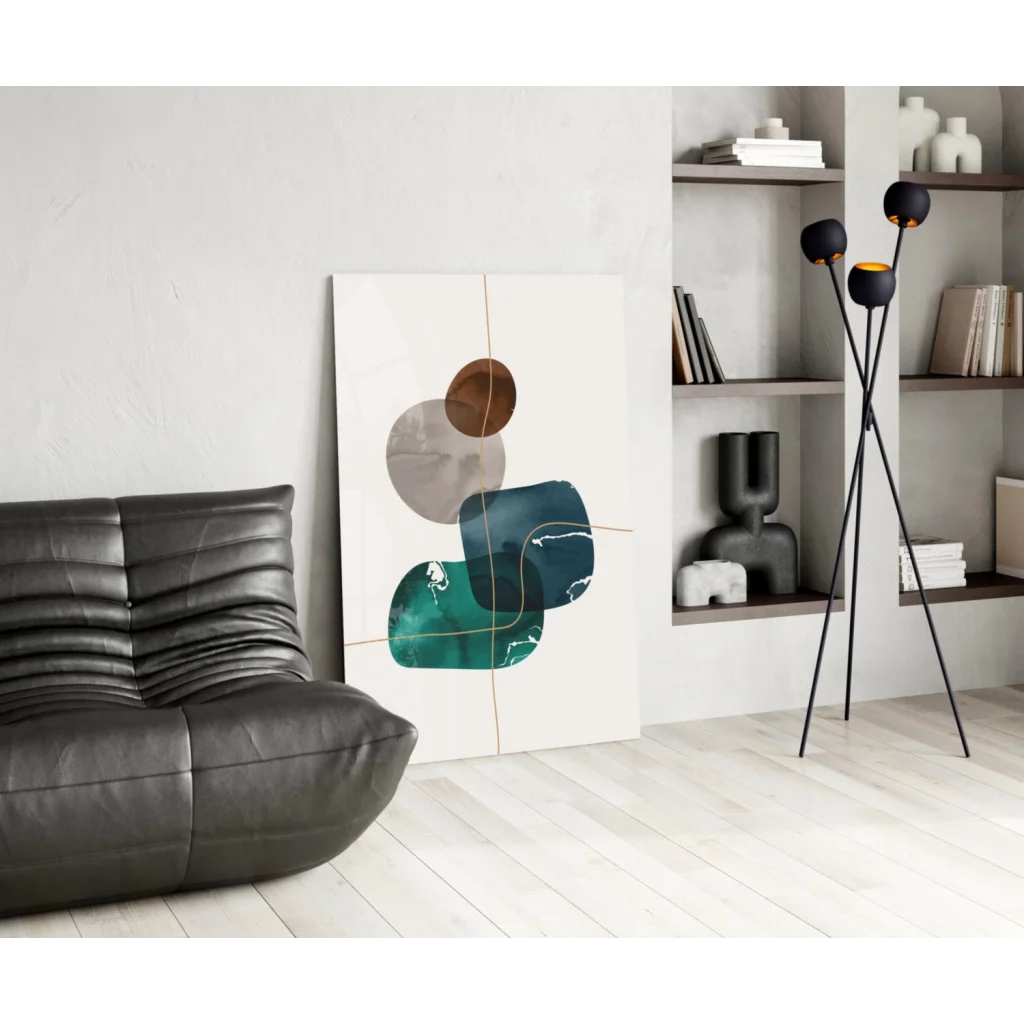 Stunning teal and bronze glass wall art with gold accents and abstract shapes