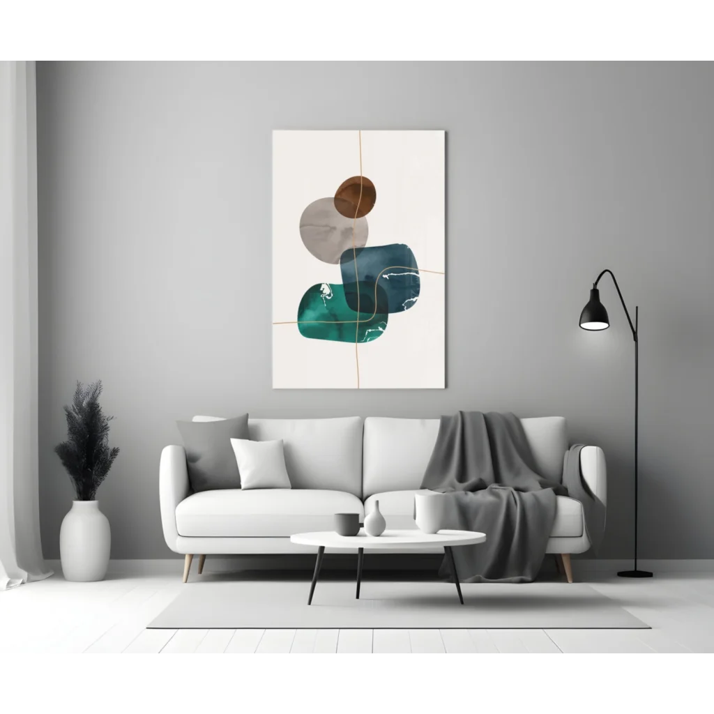 Modern teal and bronze glass wall art with gold accents and abstract circles