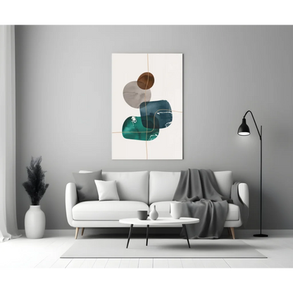 Modern teal and bronze glass wall art with gold accents and abstract circles