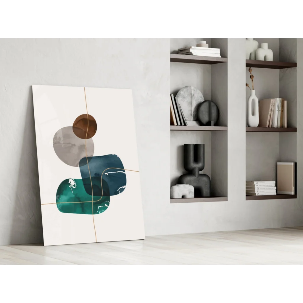 Stunning teal and bronze glass wall art with gold accents and abstract shapes