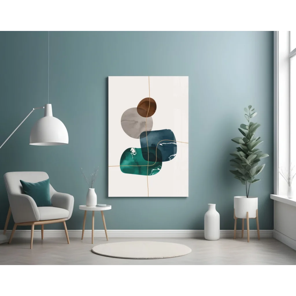 Stunning teal and bronze glass wall art with gold accents and abstract shapes