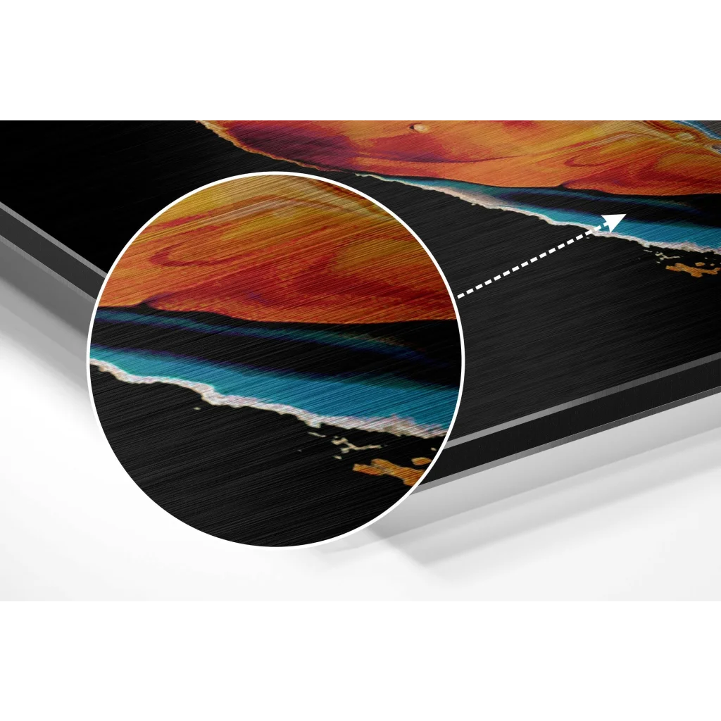 Fiery abstract art on brushed aluminium dibond with orange-red gradient to blue