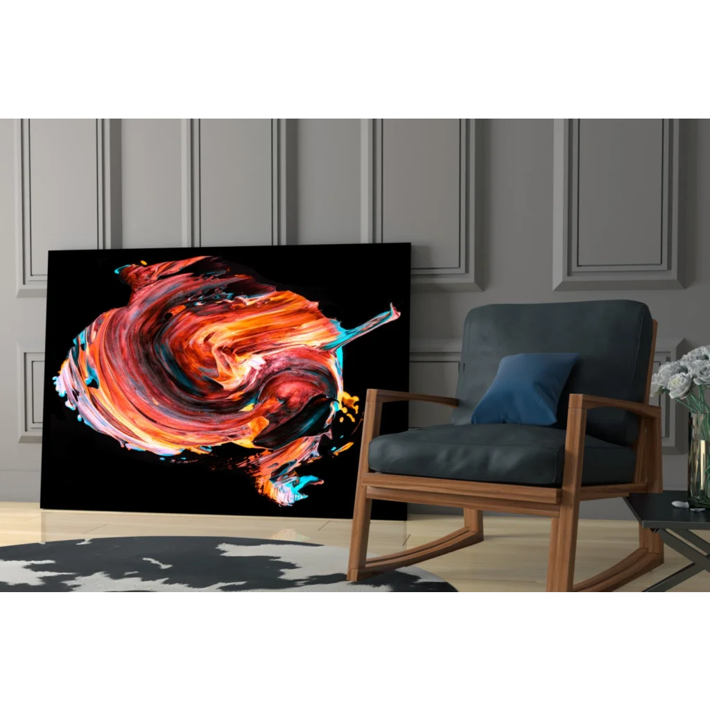 Vibrant glass wall art with swirling orange, red, teal on black canvas