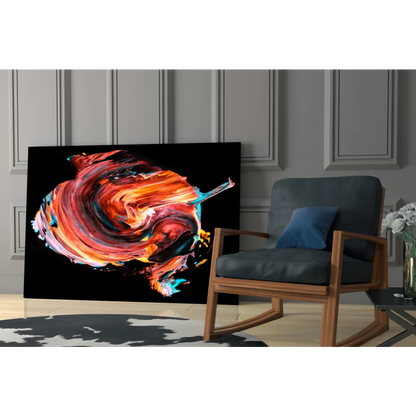 Vibrant glass wall art with swirling orange, red, teal on black canvas