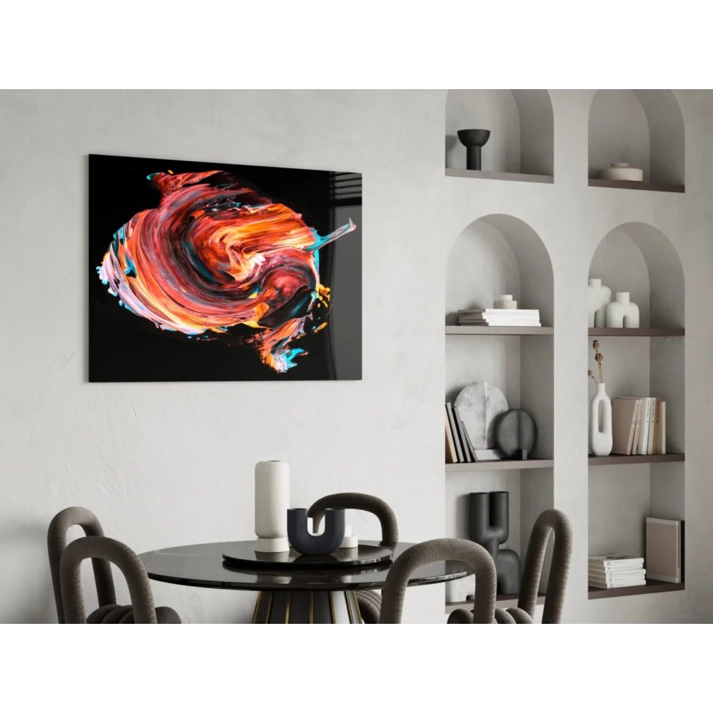 Vibrant abstract glass wall art with swirling orange, red, and teal hues