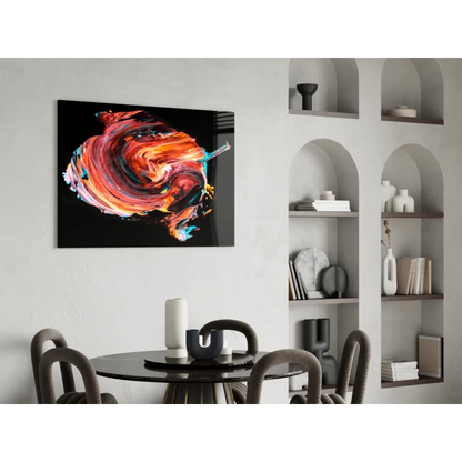 Vibrant abstract glass wall art with swirling orange, red, and teal hues