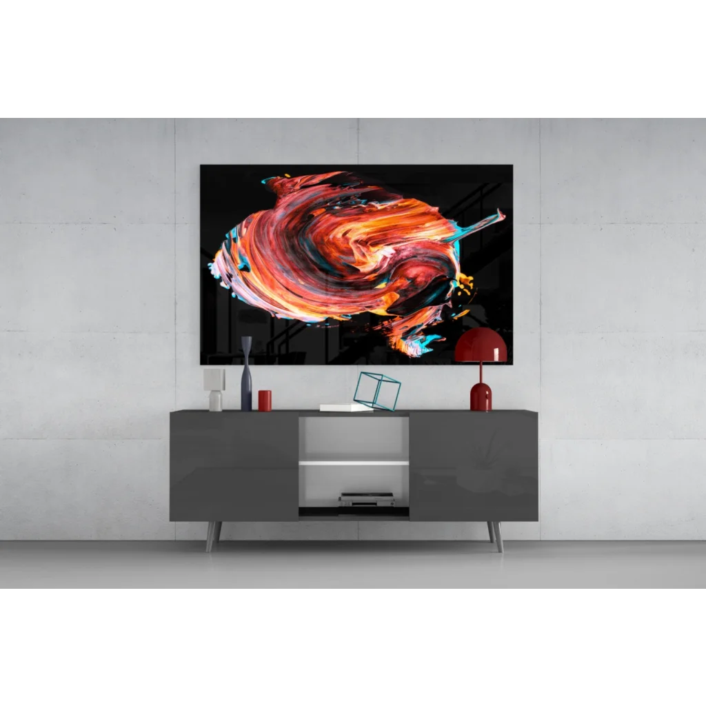 Vibrant abstract glass wall art with swirling red, orange, and teal hues