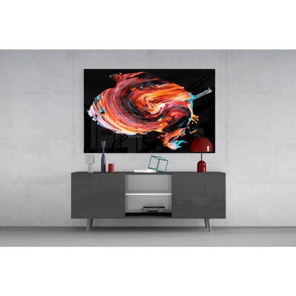 Vibrant abstract glass wall art with swirling red, orange, and teal hues