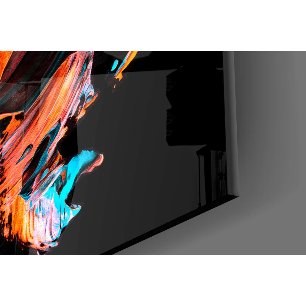 Vibrant abstract glass wall art with swirling orange, teal, black streaks
