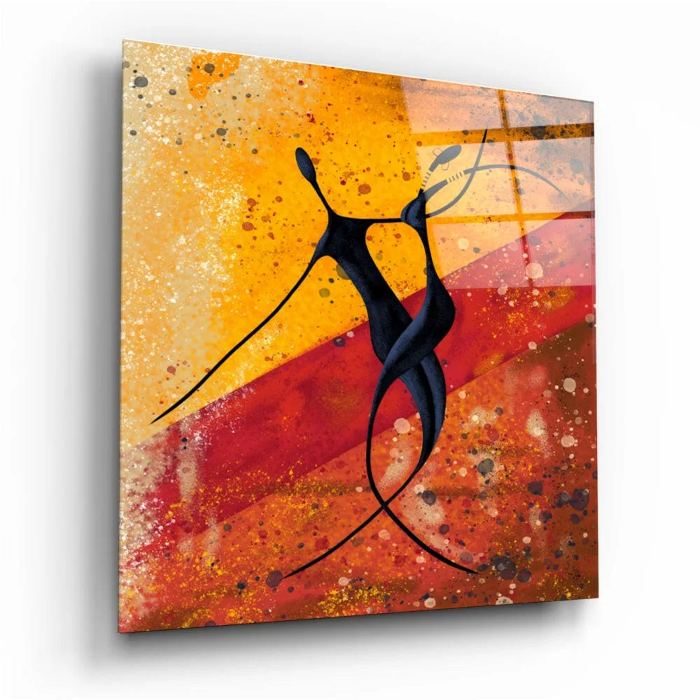 Fiery abstract black silhouette wall art on orange red splatter background