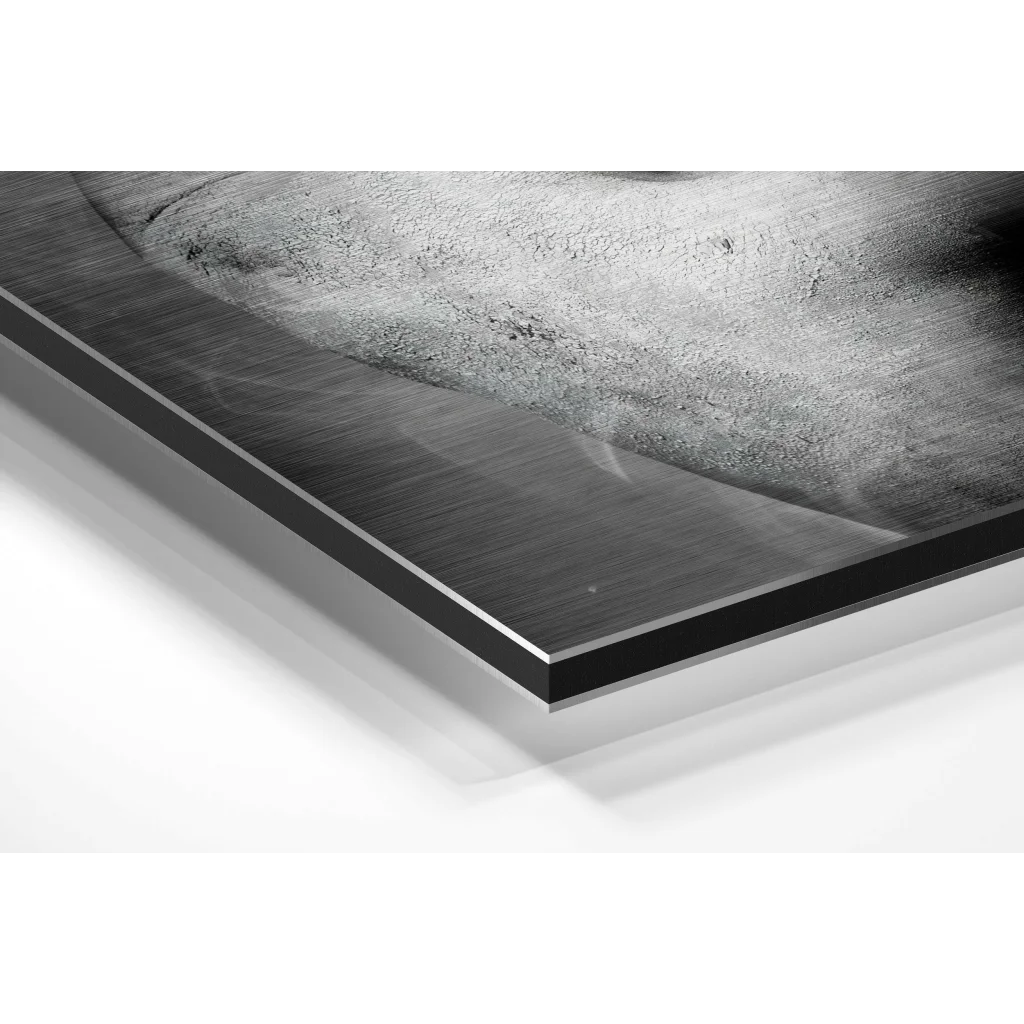 Brushed aluminium dibond print with black frame and grayscale abstract art