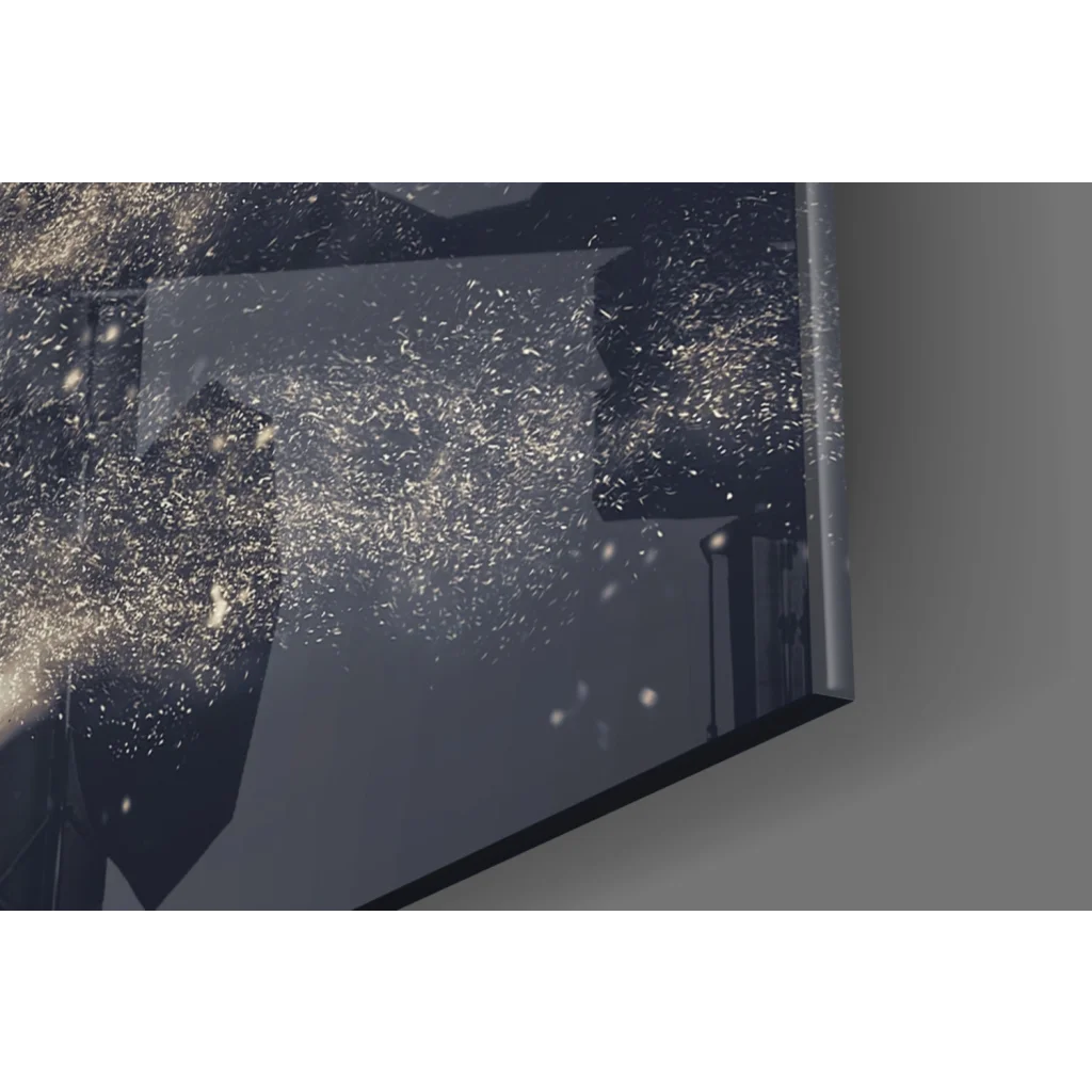 Sleek dark gray glass wall art monitor with sparkling motion effect