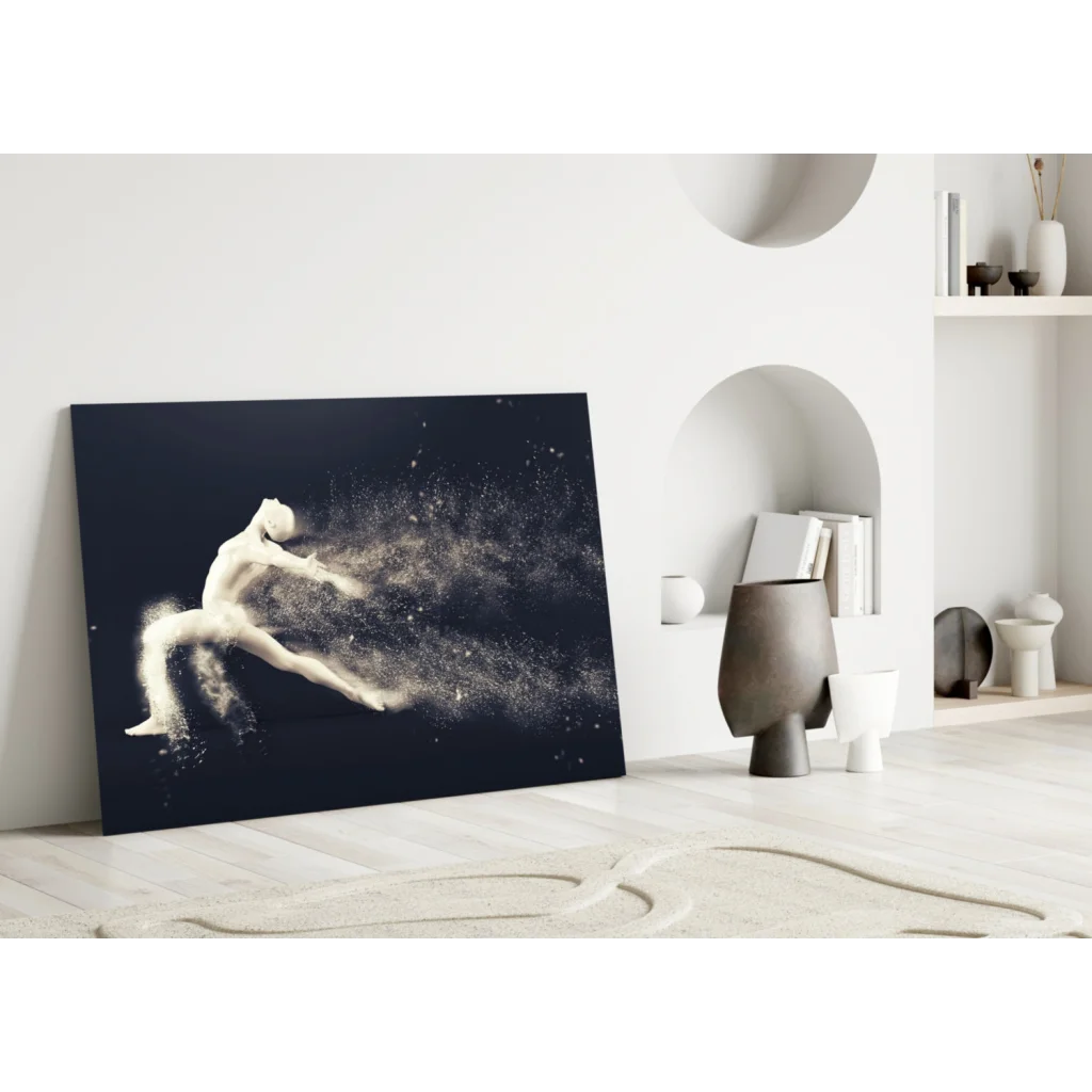 Dynamic dancer black canvas wall art with white silhouette and sparkling motion