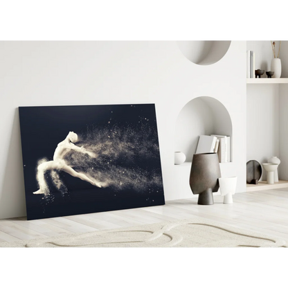 Dynamic dancer black canvas wall art with white silhouette and sparkling motion