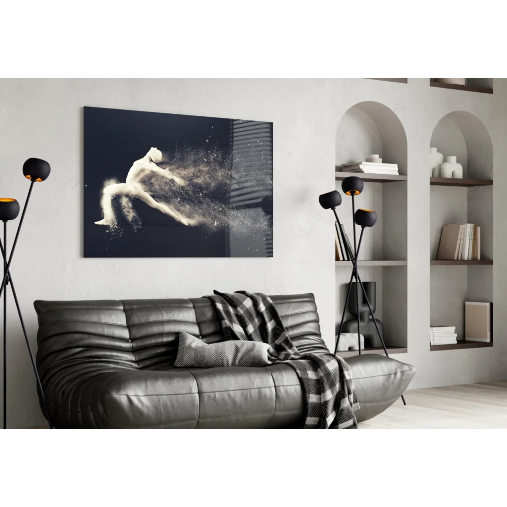 Dynamic dancer black canvas wall art with white silhouette motion