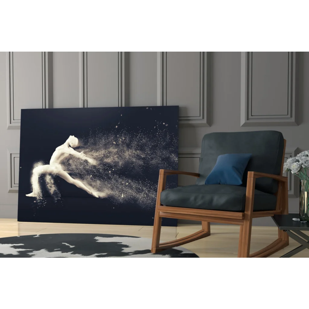 Dynamic black canvas wall art of white dancer silhouette with sparkling trails