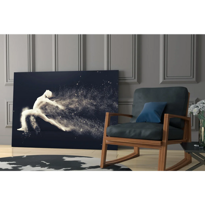 Dynamic black canvas wall art of white dancer silhouette with sparkling trails