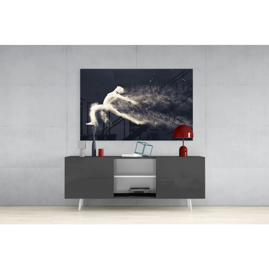 Dynamic dancer glass wall art on modern gray console table with white legs