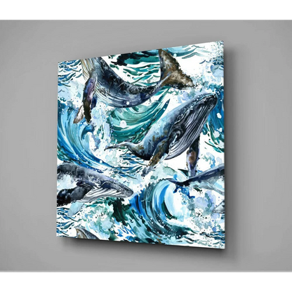 Vibrant whales leaping through blue ocean waves glass wall art print