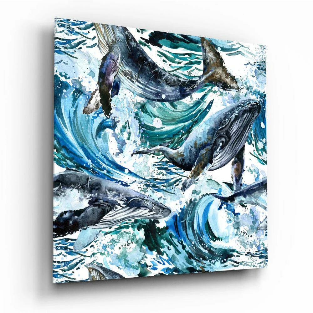 Dynamic blue whales leaping through ocean waves glass wall art print