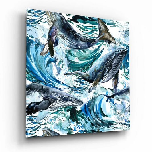 Dynamic blue whales leaping through ocean waves glass wall art print